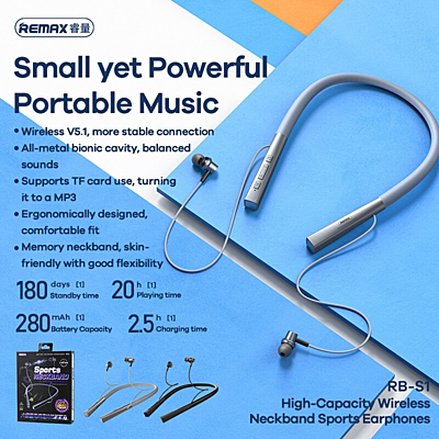 REMAX High-Capacity Wireless Neckband Sports Earphones RB-S1 REMAX High-Capacity Wireless Neckband Sports Earphones RB-S1