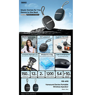 REMAX Vansound Series 5W Portable Wireless Speaker IPX7 RB-M16 Blue REMAX Vansound Series 5W Portable Wireless Speaker IPX7 RB-M16 Blue