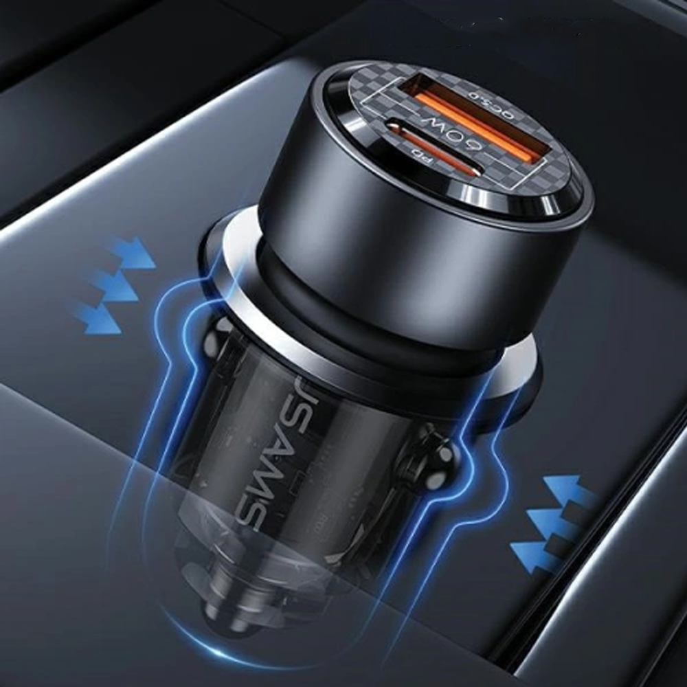 USAMS C39 CAR CHARGER USB-A, USB-C 60W BLACK USAMS C39 CAR CHARGER USB-A, USB-C 60W BLACK