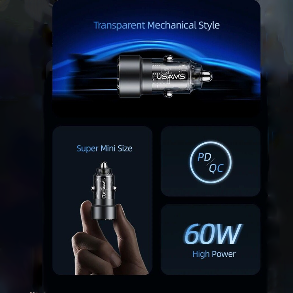 USAMS C39 CAR CHARGER USB-A, USB-C 60W BLACK USAMS C39 CAR CHARGER USB-A, USB-C 60W BLACK
